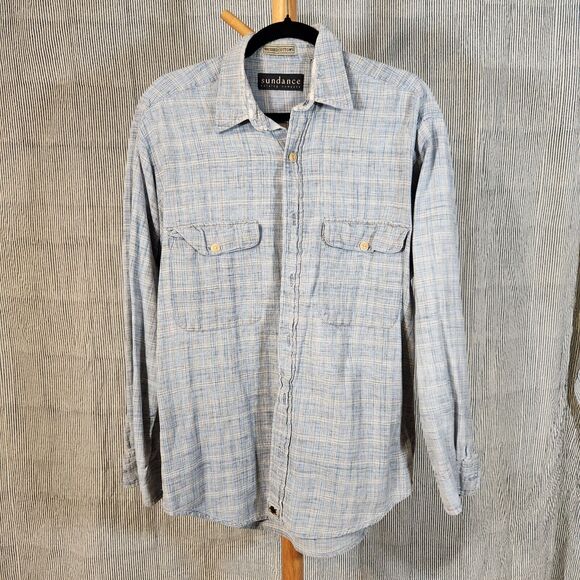Sundance $128 Medium Distressed Blue White Plaid Cotton Button Down Shirt - Picture 1 of 9